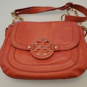 Tory Burch Orange Pebbled Leather Shoulder Bag, Gold Trim